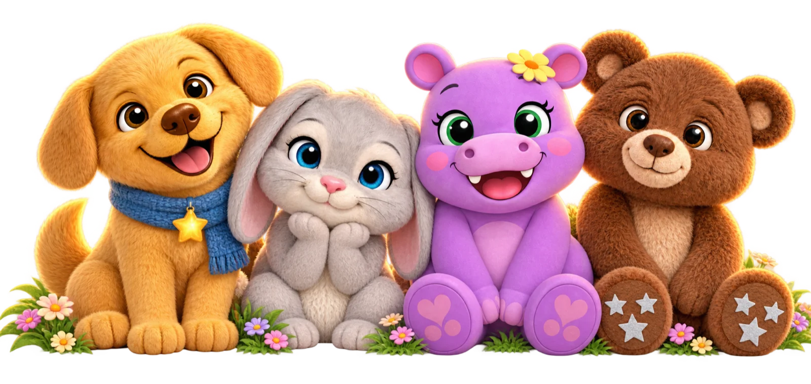 Toby the puppy, Lily the hippo, Tulip the bunny and Kosmo the bear together